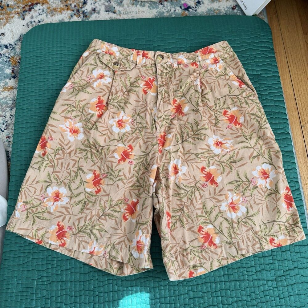 Vintage White Stag Shorts Khaki Tropical Floral Print Pockets Pleated Front Sz 8